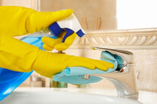 Technician checking cleaning products and safety measures