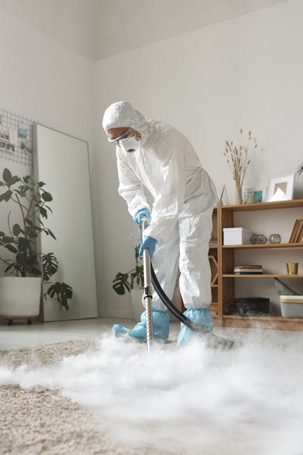 A professional in full protective gear, including a white hazmat suit, face mask, and blue gloves, operating a fogging or disinfection machine on a beige carpet in a well-lit, modern living room. The room features white walls, a large full-length mirror, and wooden shelving with decorative items. The cleaning process involves the release of disinfectant fog, indicating thorough sanitisation aimed at maintaining hygiene. The scene highlights domestic cleaning and surface sanitisation services offered by Carpet Cleaning Edgware, emphasizing deep cleaning procedures for residential spaces.